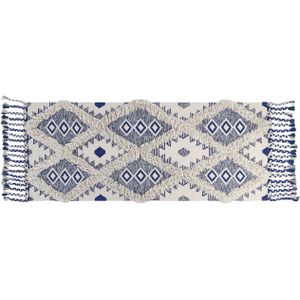Loper tapijt vloerkleed lichtbeige blauw katoen 80 x 200 cm rechthoekig met franjes geometrisch patroon handgeweven modern boho stijl gang hal