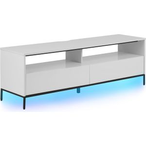 TV Meubel wit hoogglans spaanplaat gepoedercoat metaal 52 x 150 x 42 cm elegante LED verlichting functioneel veel opbergruimte woonkamer