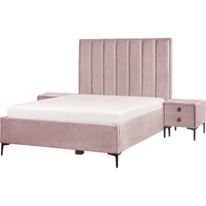 Slaapkamer set roze fluweel tweepersoonsbed 140 x 200 cm met opbergruimte 2 nachtkastjes gestoffeerd