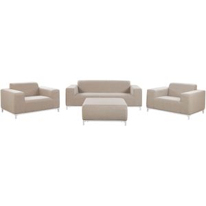 Loungeset driezitsbank 2 fauteuils salontafel beige polyester metaal 5-zits witte poten