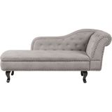 Chaise longue taupe fluweel gestoffeerd rechtszijdig knopen chesterfield stijl woonkamer meubelen