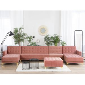 Moderne Modulaire U-vormige Hoekbank Slaapbank 2 chaise longue roze fluweel Stof mete ottomaan Aberdeen