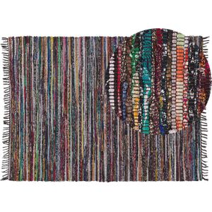 Vloerkleed multicolor katoen 160 x 230 cm handgeweven abstract franje gestreept