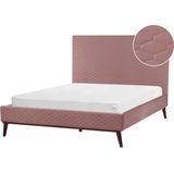 Tweepersoonsbed roze fluweel gestoffeerd bedframe 140 x 200 cm honinggraat hoofdbord modern ontwerp
