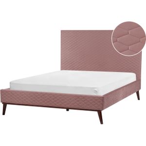 Tweepersoonsbed roze fluweel gestoffeerd bedframe 140 x 200 cm honinggraat hoofdbord modern ontwerp