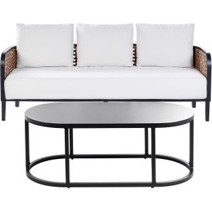 Loungeset tuinbank zwart aluminium frame witte waterbestendige kussens set met salontafel 3-zits