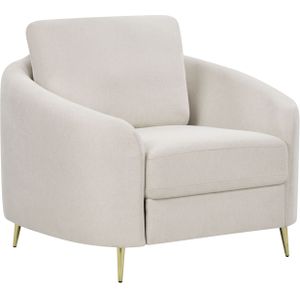Fauteuil stof lichtbeige zetel loungestoel gouden metalen poten gebogen retro woonkamer glamour stijl
