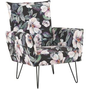 Fauteuil zwarte stof bloemenmotief metalen haarspeldpoten woonkamer slaapkamer accent stoel
