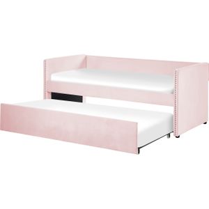 Slaapbank Licht Roze Fluweel Eenpersoons 90 x 200 cm Houten Lattenbodem Bed Glamour Decoratieve Studs