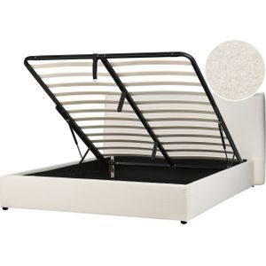 Bed off-white fluweel gestoffeerd 180 x 200 cm groot klassiek hoofdbord opbergfunctie houten lattenbodem