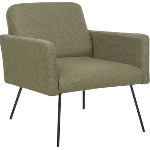 Fauteuil olijfgroen gestoffeerd slanke zwarte metalen poten modern retro woonkamer slaapkamer