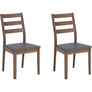 Set van 2 eetkamer stoelen donkerhout grijs kunstleer gestoffeerd zitting zwart latten rugleuning