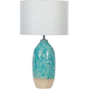 Tafellamp Turquoise Keramiek Versierde Voet Witte Stoffen Kap Boho Rustiek Design Home Verlichting