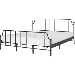 Bed frame zwart metaal 180 x 200 cm tweepersoonsbed populierenhout lattenbodem industrieel minimalistisch slaapkamer