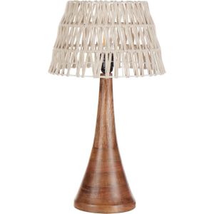 Tafellamp beige katoenen lampenkap mangohouten basis modern ontwerp woonaccessoires verlichting woonkamer