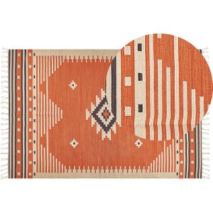 Kelim vloerkleed oranje katoen 200 x 300 cm omkeerbaar geometrisch patroon met kwastjes rechthoekig traditioneel