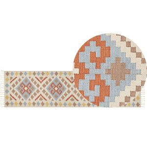 Kelim vloerkleed multicolour katoen 80 x 300 cm laagpolig geometrisch patroon met kwastjes rechthoekig traditioneel