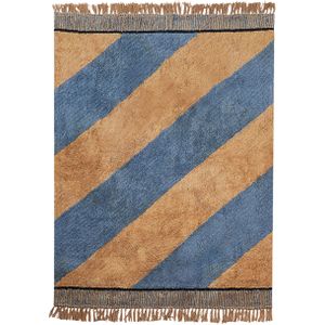Vloerkleed bruin blauw katoen 140 x 200 cm gestreept patroon met franjes boho stijl woonkamer
