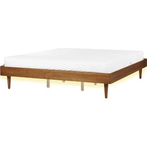 Super kingsize bedframe rubberhout 180 x 200 cm bedframe zonder hoofbord met LED-verlichting lattenbodem minimalistisch rustieke stijl