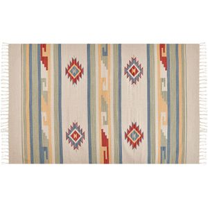 Kelim vloerkleed beige bruin katoen 140 x 200 cm handgeweven tapijt wandtapijt geometrisch patroon omkeerbaar franjes
