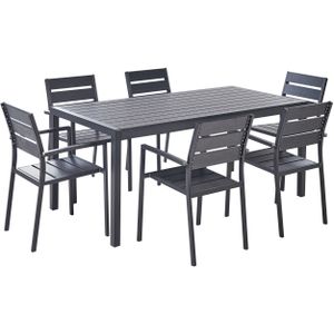 Tuinset zwart aluminium kunsthout rechthoekig set van 6 stoelen en tafel 180 x 90 cm
