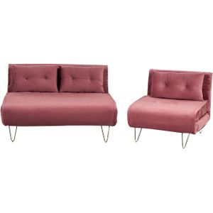 Bankenset driezits roze fluweel zitgroep slaapfunctie verstelbare rugleuning decoratieve kussens moderne woonkamer