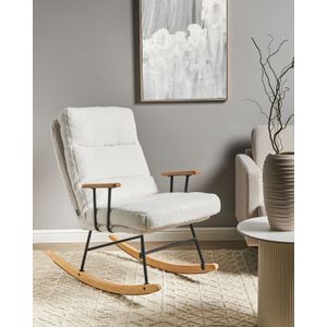 Schommelstoel bouclé bekleding teddy rugleuning metalen en rubberhouten poten off-white Eskelin