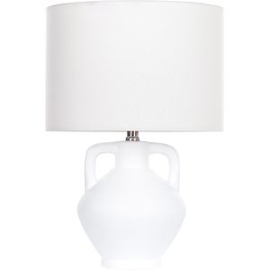 Tafellamp wit keramieken voet linnen trommelvormige kap minimalistisch ontwerp