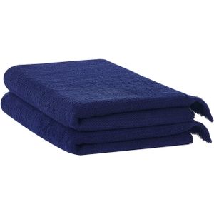 Set van 2 badlakens handdoeken marineblauw badstof katoen polyester 100 x 150 cm kwastjes textuur badhanddoeken