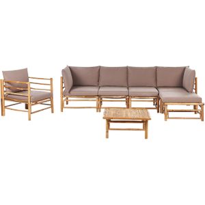 Tuin modulaire loungeset taupe bamboe kussens 5-zits hoekbank fauteuil met salontafel boho ontwerp buiten tuinset