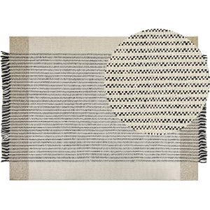 Vloerkleed tapijt beige zwart wol katoen 160 x 230 cm handgeweven laagpolig met franjes