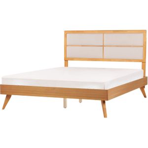 Houten bed lichthout 160 x 200 cm met lattenbodem tweepersoonsbed gestoffeerd hoofdbord rustieke stijl ontwerp