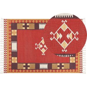 Kelim vloerkleed meerkleurig katoen 160 x 230 cm handgeweven omkeerbaar laagpolig geometrisch patroon met franjes traditioneel boho