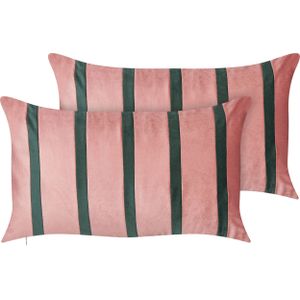 Set van 2 sierkussens roze en groen fluwelen stof 35 x 60 cm gestreept patroon handgemaakte woonaccessoires