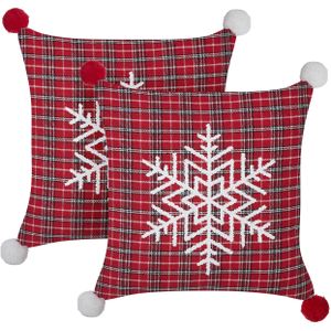 Set van 2 sierkussens rood polyester stof ruit kerstpatroon 45 x 45 cm