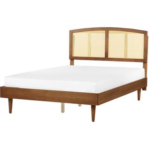 Bed licht rubberhout tweepersoons 140 x 200 cm met hoofdbord en lattenbodem minimalistische rustieke stijl