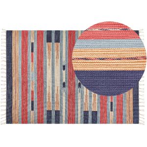 Kelim vloerkleed multicolour katoen 200 x 300 cm handgeweven omkeerbaar vlakgeweven geometrisch patroon met kwastjes traditioneel boho woonkamer slaapkamer