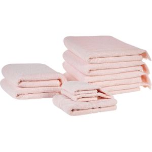 Set van 9 badhanddoeken roze badstof katoen polyester kwastjes textuur badhanddoeken
