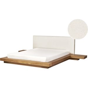 Japanse stijl waterbed frame lichthout 160 x 200 cm hout fineer bouclé hoofdbord laag profiel slaapkamer tweepersoonsbed