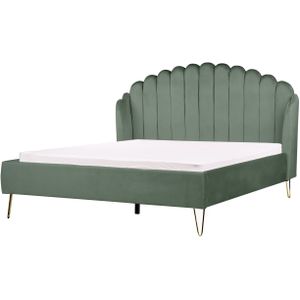 Gestoffeerd bed fluweel groen met lattenbodem 160 x 200 cm metalen poten slaapkamer retro schelpen hoofdbord