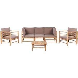 Tuin modulaire loungeset taupe bamboe kussens driezitsbank 2 fauteuils met salontafel boho ontwerp buiten tuinset