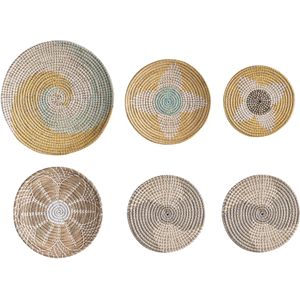 Set van 6 wanddecoratie meerkleurig licht zeegras decoratief hangende borden manden handgemaakt afrikaanse stijl