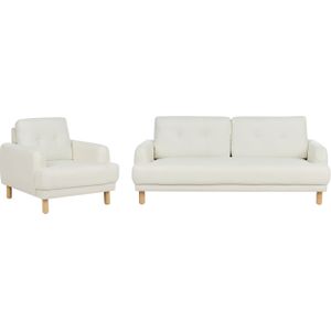 Woonkamerset driezitsbank fauteuil off-white polyester stof houten poten loveseat bank retro minimalistisch woonkamermeubilair