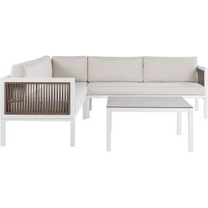 4-zits loungeset met salontafel wit en bruin aluminium 4-zitsbank met kussens modern