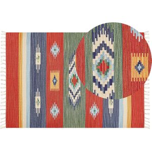 Kelim vloerkleed meerkleurig katoen 140 x 200 cm handgeweven omkeerbaar laagpolig geometrisch patroon met franjes traditioneel boho
