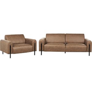 Woonkamer set bruin stof metalen poten 3-zitsbank fauteuil kunstleer klassieke sofa verstelbare rugleuning woonkamer moderne stijl