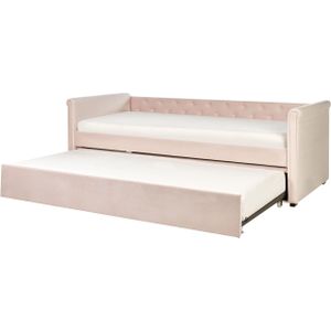Bedbank uittrekbaar bed fluweel pastelroze 90 x 200 cm uitschuifbare bekleding met lattenbodem knoopsluiting praktisch modern
