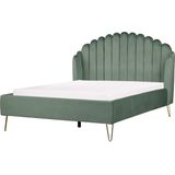 Gestoffeerd bed fluweel groen met lattenbodem 140 x 200 cm metalen poten slaapkamer retro schelpen hoofdbord