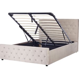 Bedframe taupe fluwelen bekleding met opbergvak EU tweepersoons getuft hoofdbord slaapkamermeubels