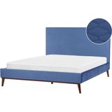 Tweepersoonsbed blauw fluweel gestoffeerd bedframe 160 x 200 cm honinggraat hoofdbord modern ontwerp